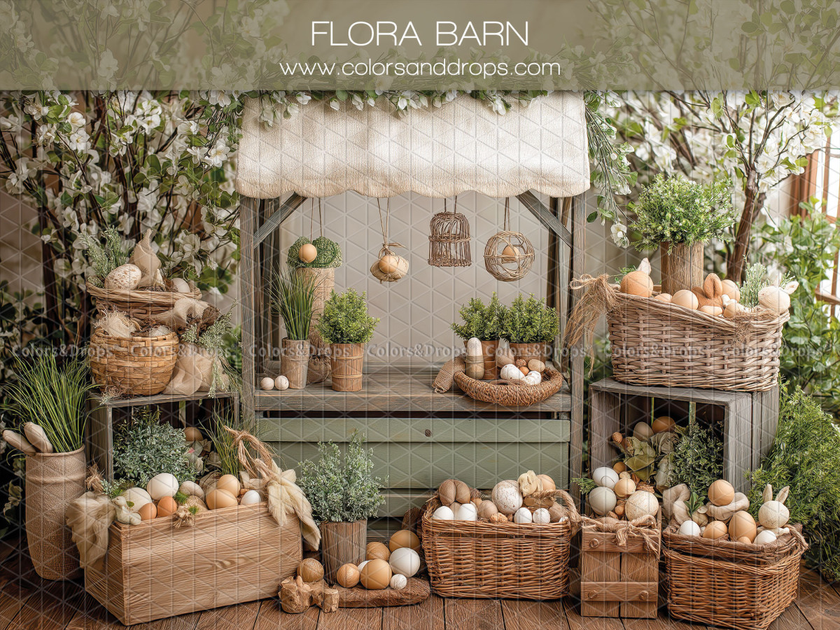 Easter photo backdrop Flora Barn – garden stall with egg baskets and awning | Colors&Drops