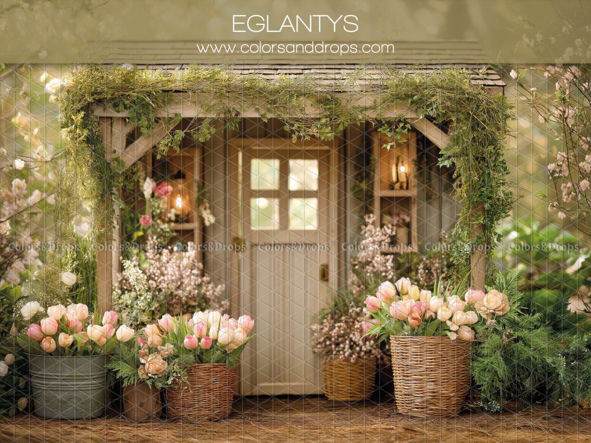 Fondo fotográfico floral Eglantys – puerta de jardín con glicina y tulipanes rosas | Colors&Drops
