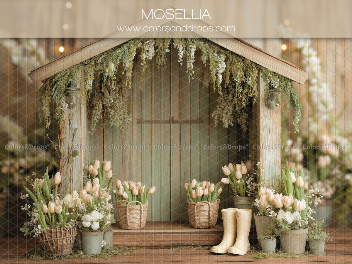 Floral photo backdrop Mosellia – green garden shed with tulips and boots | Colors&Drops