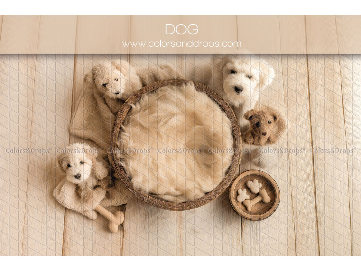Fond photo nouveau-né Dog – nid en fourrure avec chiots en peluche | Colors&Drops