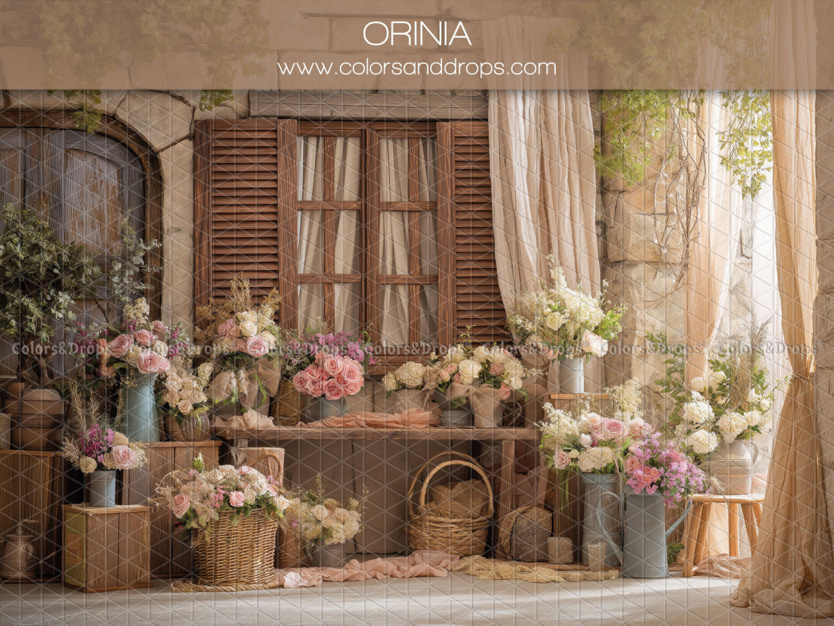 Floral photo backdrop Orinia – shuttered window with curtains and pink flowers | Colors&Drops
