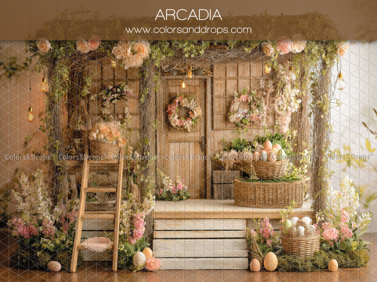 Easter photo backdrop Arcadia – flowered door with wreath, ladder and eggs | Colors&Drops