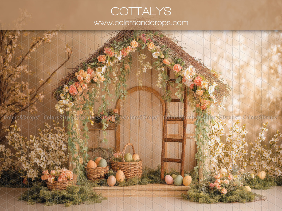 Easter photo backdrop Cottalys – flowered cottage with ladder and Easter eggs | Colors&Drops