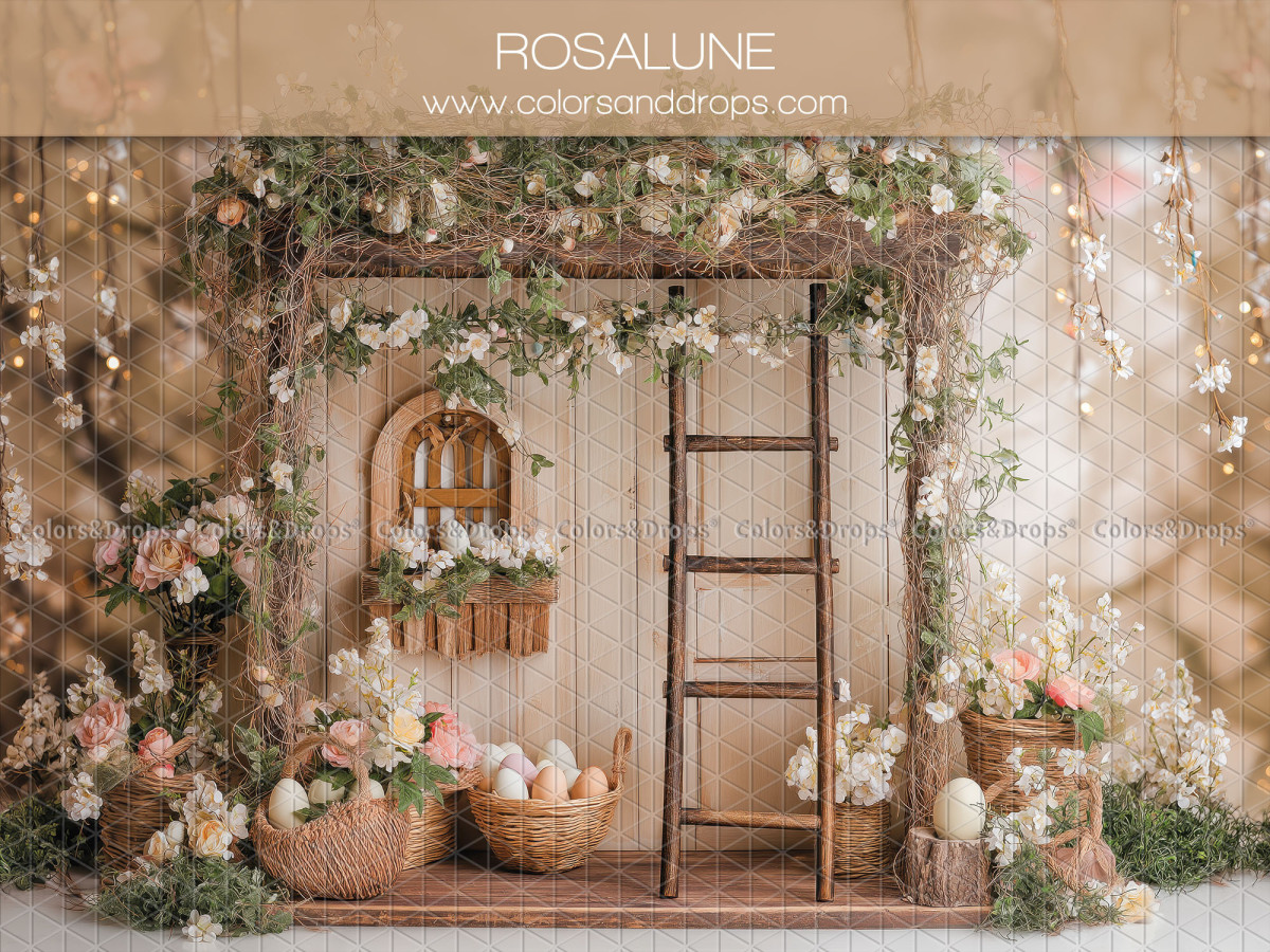 Easter photo backdrop Rosalune – flowered wooden pergola with ladder and baskets | Colors&Drops