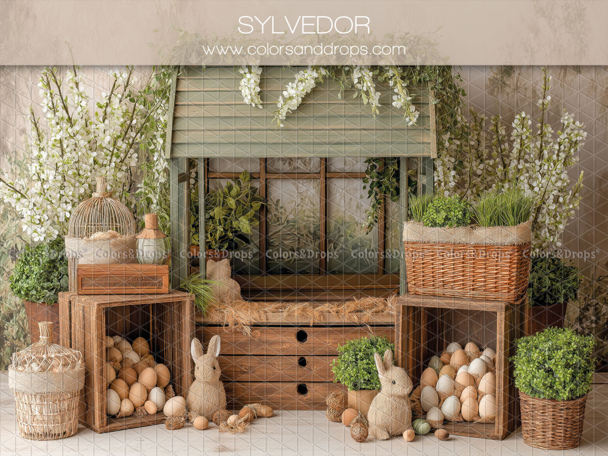 Fondo fotográfico de Pascua Sylvedor – puesto de madera con huevos, conejos y cajas | Colors&Drops