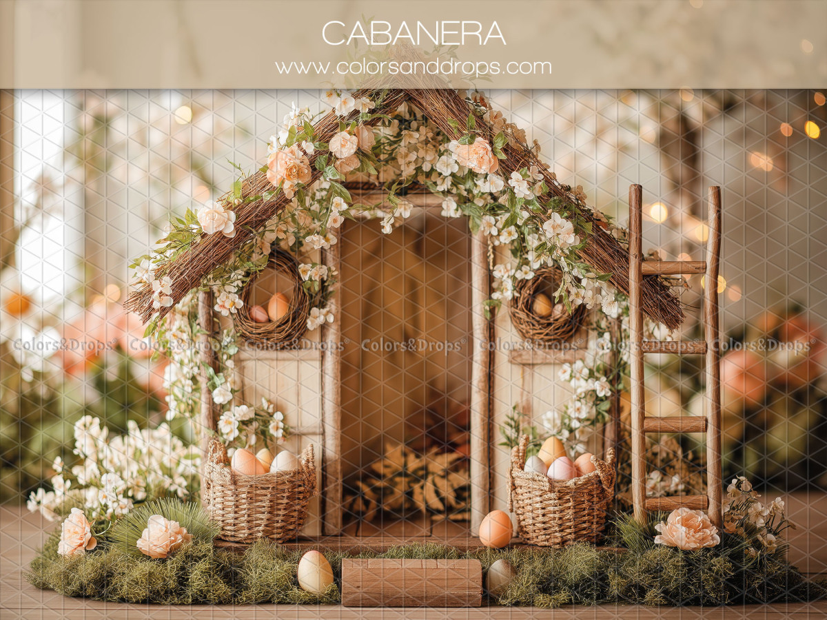 Fondo fotográfico de Pascua Cabanera – cabaña de madera florida con escalera y huevos | Colors&Drops