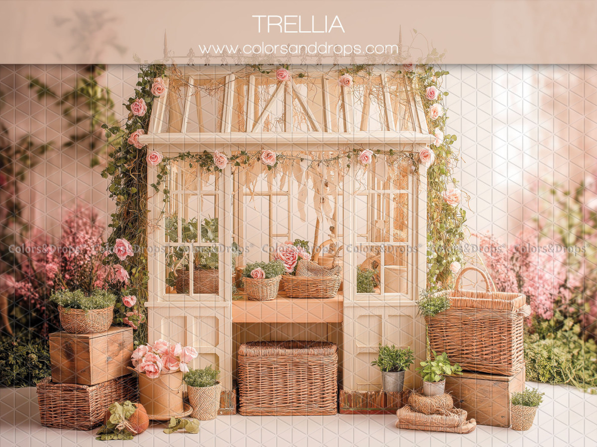 Floral photo backdrop Trellia – white greenhouse with pink flowers and baskets | Colors&Drops