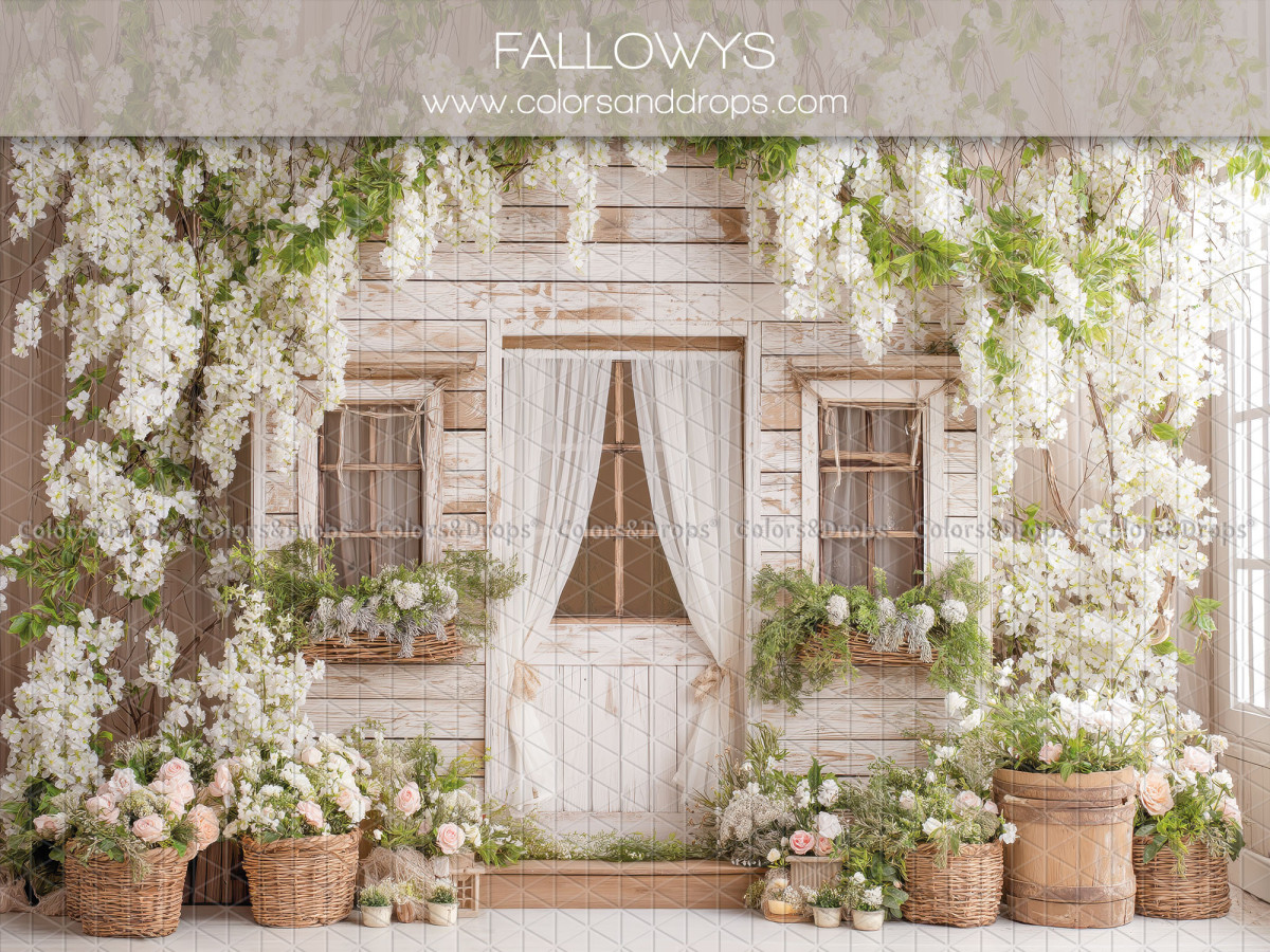 Boho photo backdrop Fallowys – white facade with white wisteria and curtains | Colors&Drops