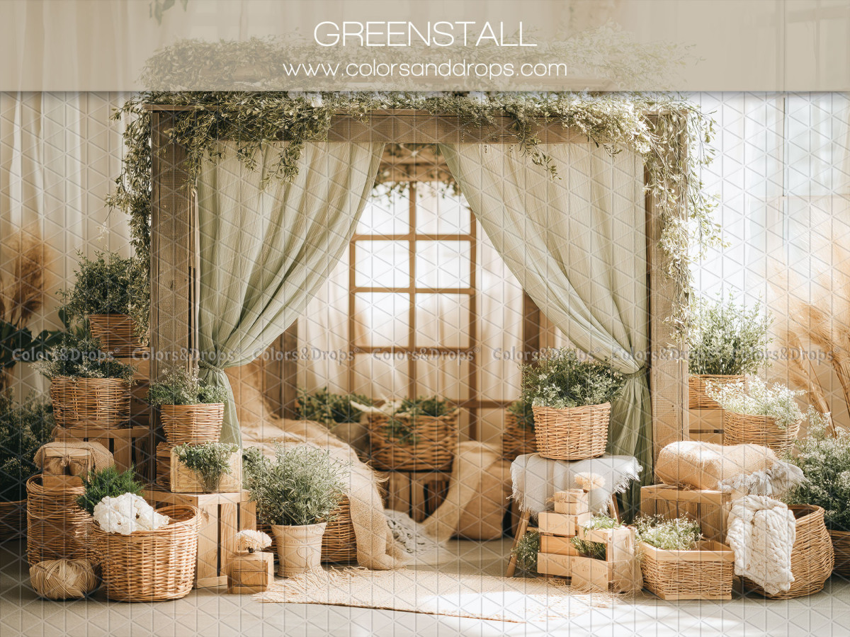 Boho photo backdrop Greenstall – window with curtains, plants and wooden crates | Colors&Drops