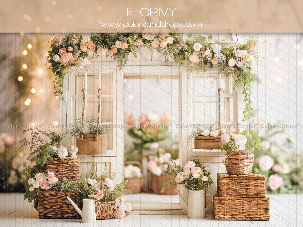 Fond photo bohème Florivy – serre blanche avec guirlande de roses et paniers | Colors&Drops