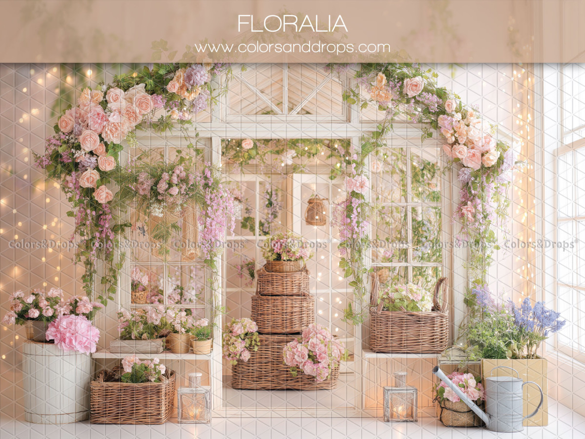 Boho photo backdrop Floralia – white flowered greenhouse with watering cans and baskets | Colors&Drops