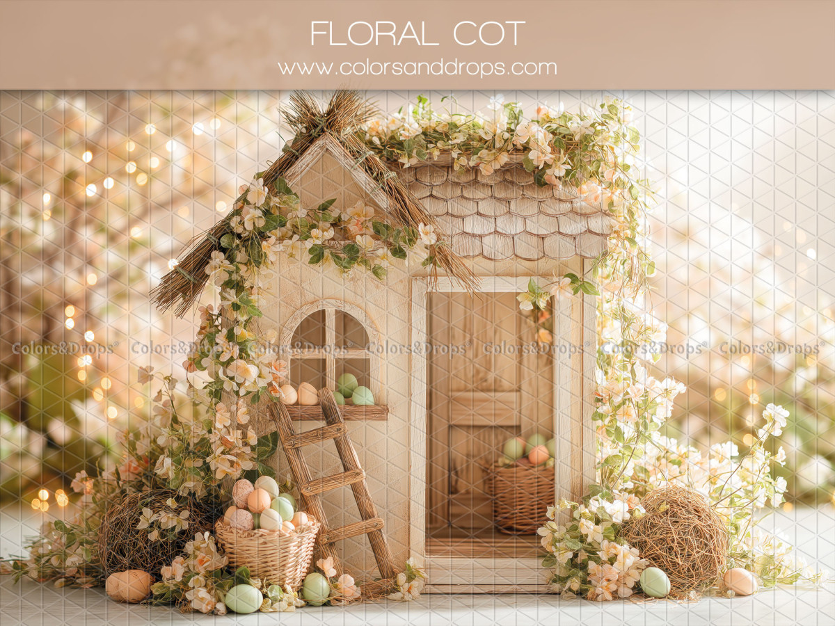 Fondo fotográfico de Pascua Floral Cot – casita de madera con escalera, huevos y flores | Colors&Drops