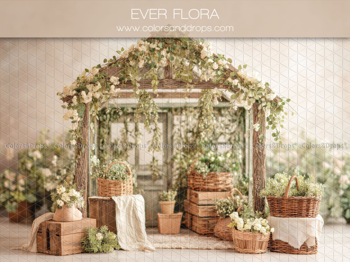 Easter photo backdrop Ever Flora – ivy pergola with crates and baskets | Colors&Drops