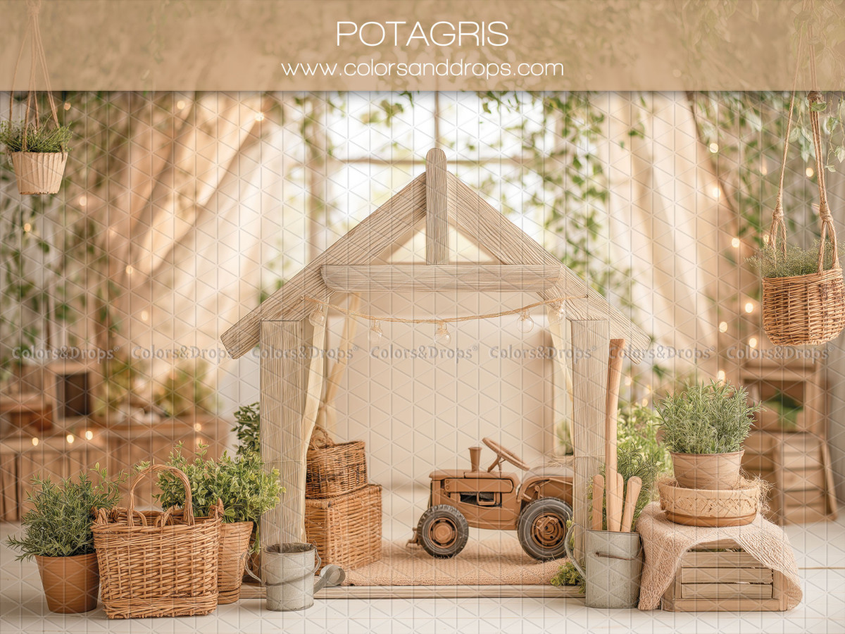 Floral photo backdrop Potagris – wooden shelter with curtains and wooden tractor | Colors&Drops