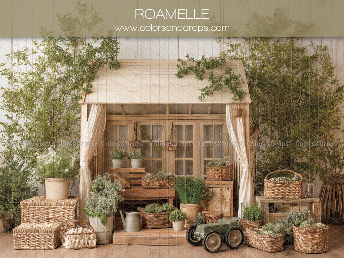 Floral photo backdrop Roamelle – garden shelter with curtains, trees and plants | Colors&Drops