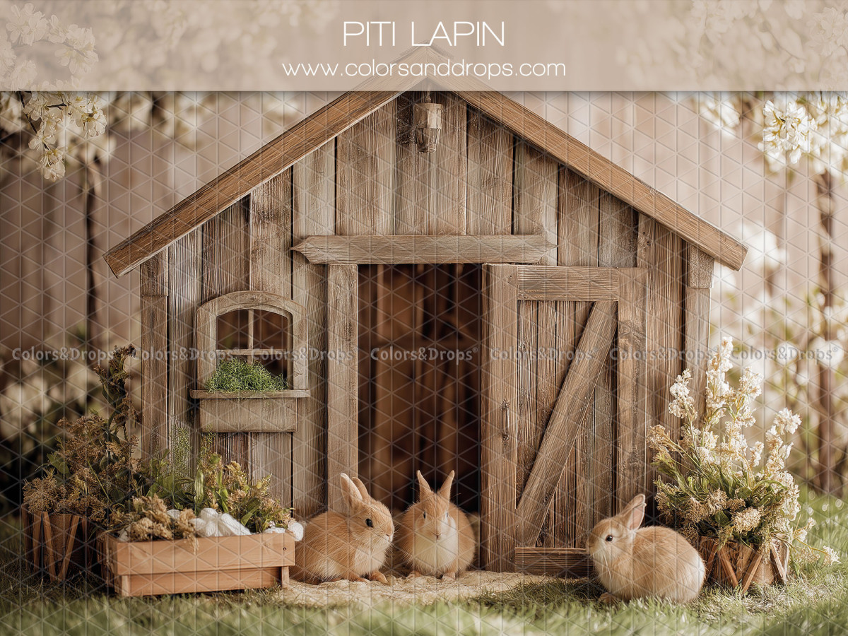 Fondo fotográfico de Pascua Piti Lapin – cabaña de madera rústica con conejos y flores | Colors&Drops