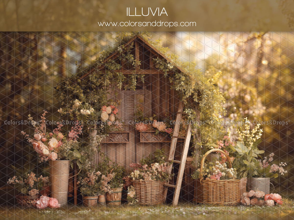Fondo fotográfico de Pascua Illuvia – cabaña de madera florida con escalera y cestas | Colors&Drops