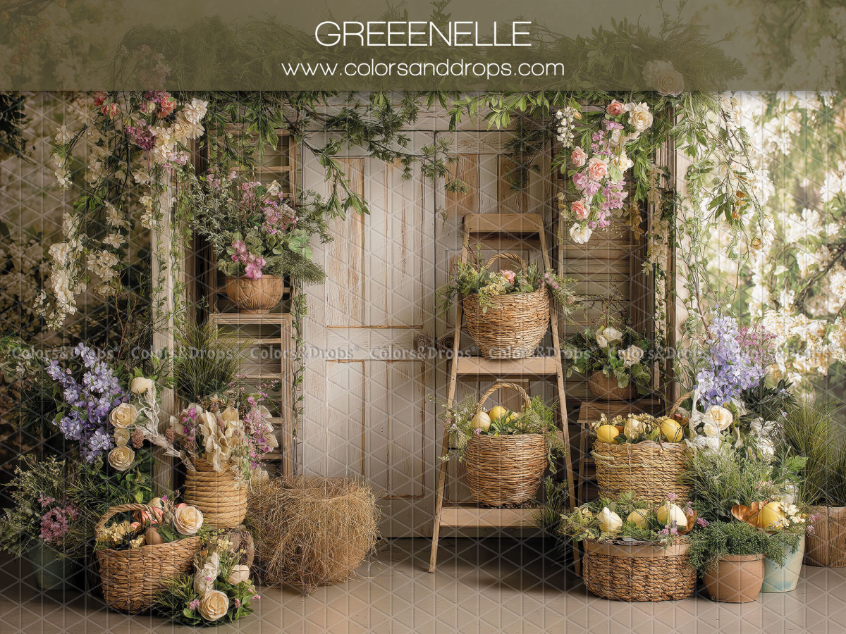 Boho photo backdrop Greeenelle – white door with ladder, flowers and hay bales | Colors&Drops