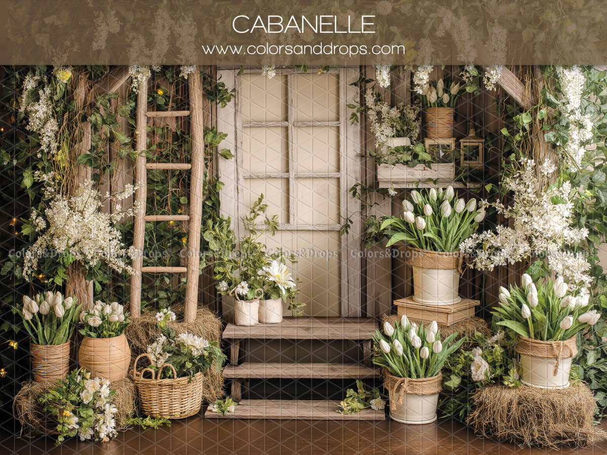 Boho photo backdrop Cabanelle – white door with ladder and white tulips | Colors&Drops