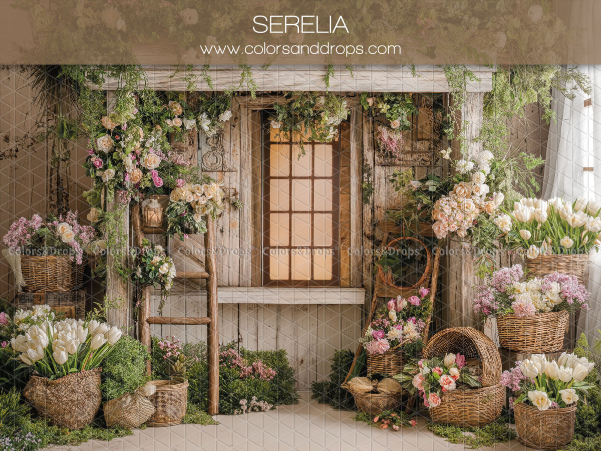 Boho photo backdrop Serelia – flowered wooden facade with window and baskets | Colors&Drops