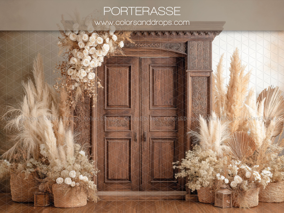 Boho photo backdrop Porterasse – carved wooden door with pampas grass and flowers | Colors&Drops