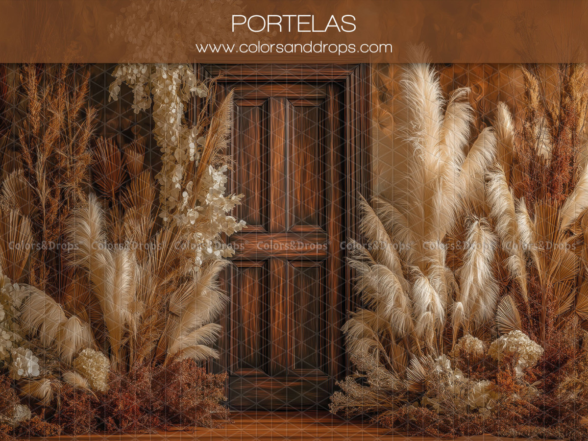Boho photo backdrop Portelas – dark wooden door surrounded by pampas grass | Colors&Drops