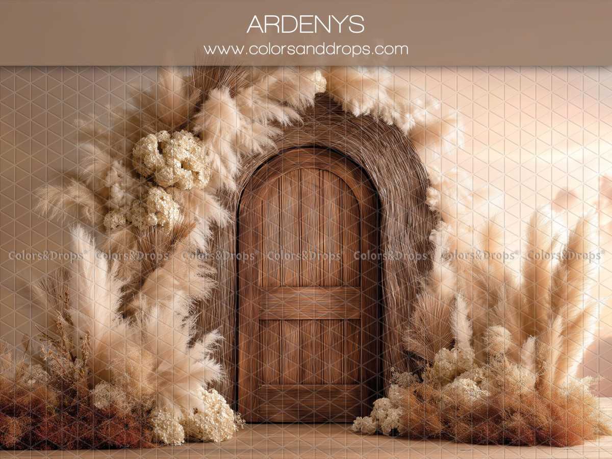 Boho photo backdrop Ardenys – arched wooden door with pampas grass and flowers | Colors&Drops