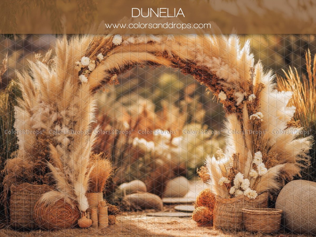 Boho photo backdrop Dunelia – pampas grass arch with pumpkins and baskets | Colors&Drops