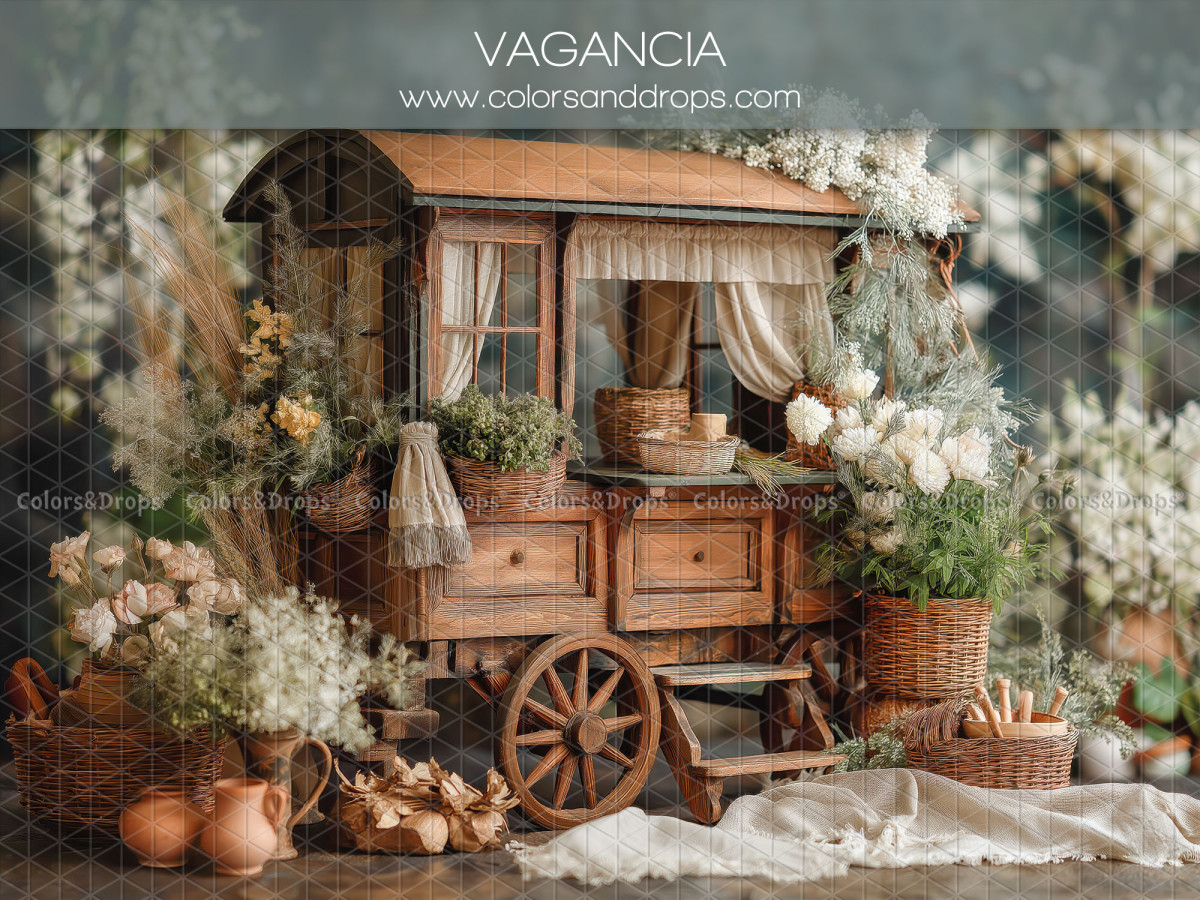 Boho photo backdrop Vagancia – wooden wagon with flowers and terracotta pots | Colors&Drops
