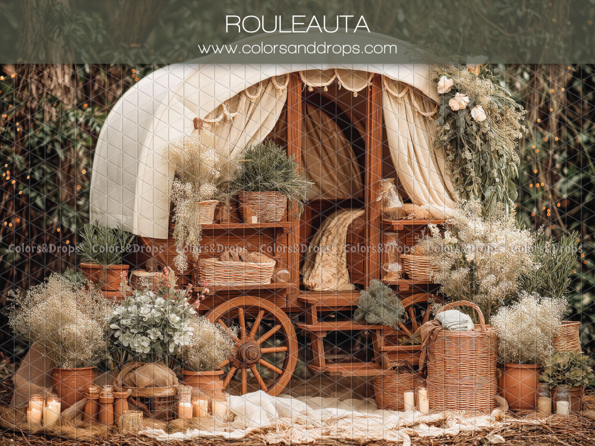 Boho photo backdrop Rouleauta – covered wagon with plants, baskets and candles | Colors&Drops