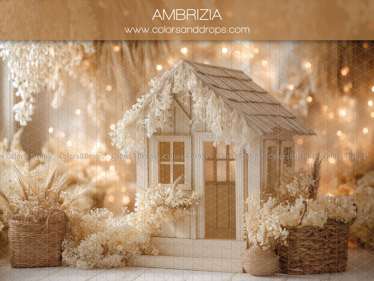 Boho photo backdrop Ambrizia – white cottage with flowers and golden lights | Colors&Drops