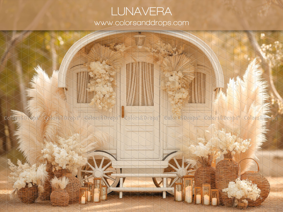 Boho photo backdrop Lunavera – white caravan with pampas grass, flowers and candles | Colors&Drops