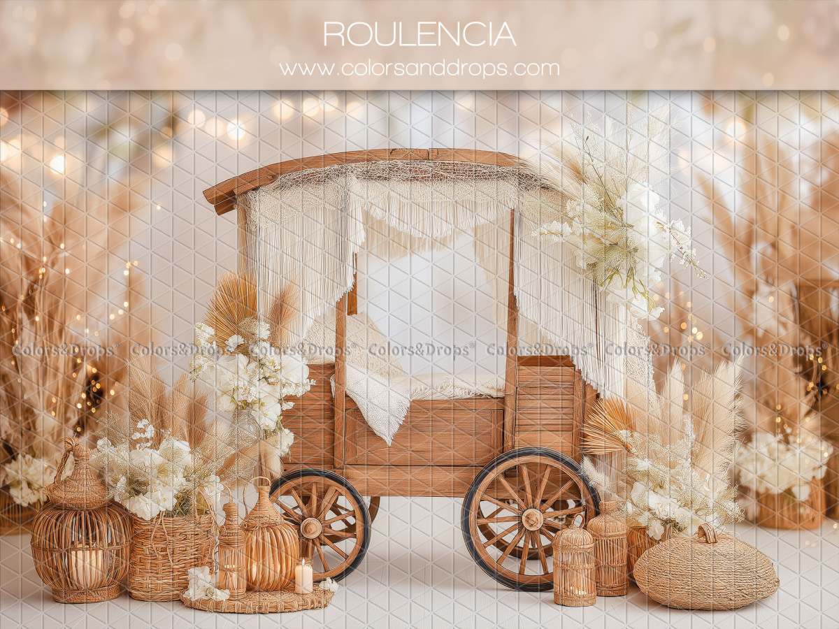 Boho photo backdrop Roulencia – wooden cart with sheer drape and pampas grass | Colors&Drops