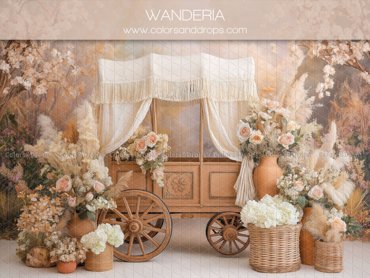 Boho photo backdrop Wanderia – wooden cart with macramé and flowers | Colors&Drops