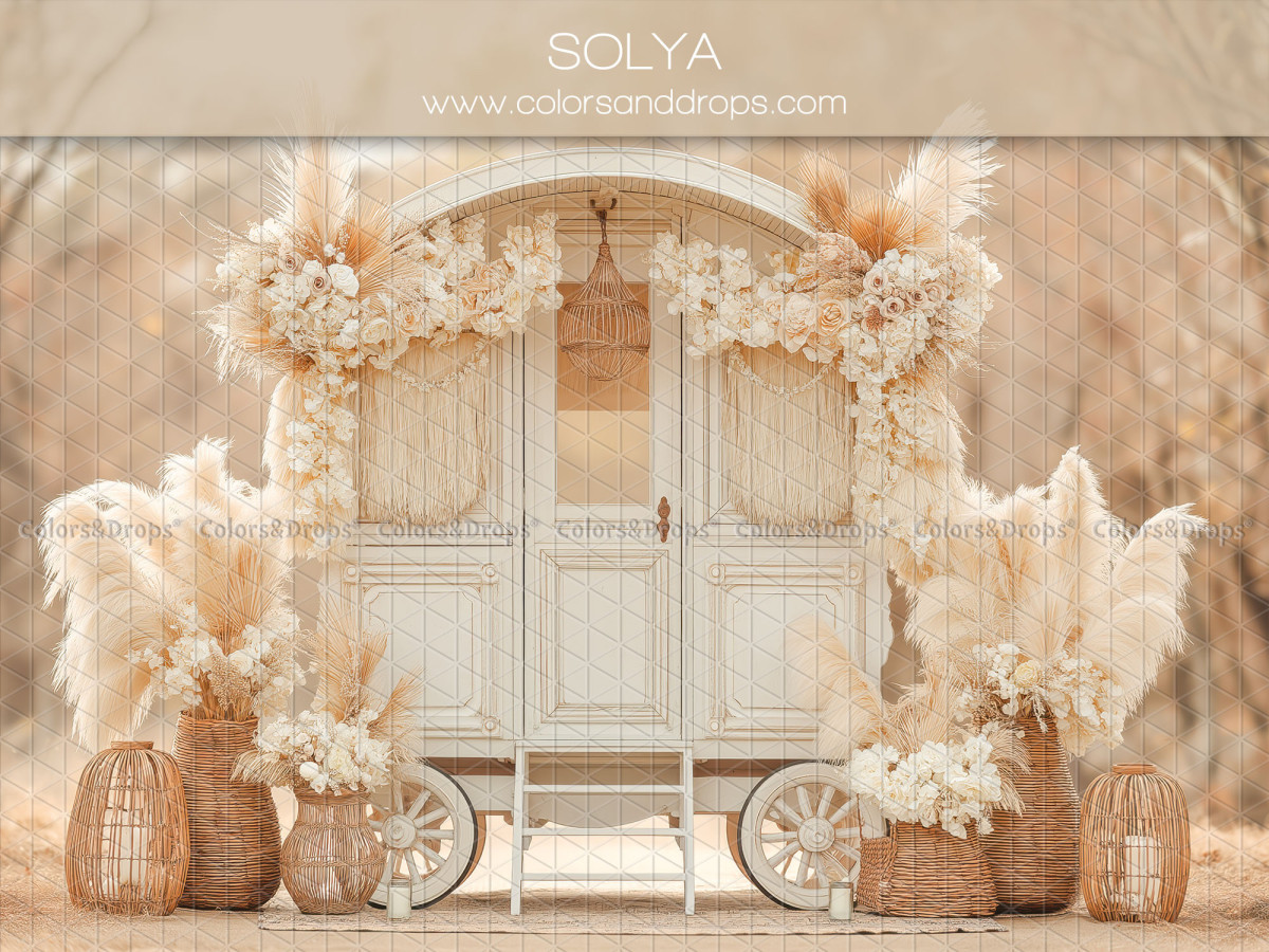 Boho photo backdrop Solya – white caravan with flower garland and pampas grass | Colors&Drops