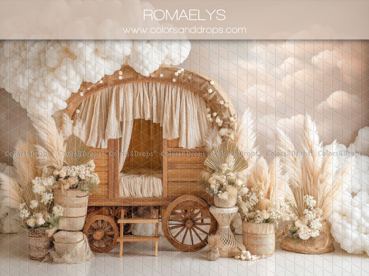 Boho photo backdrop Romaelys – wooden caravan with curtains and pampas clouds | Colors&Drops