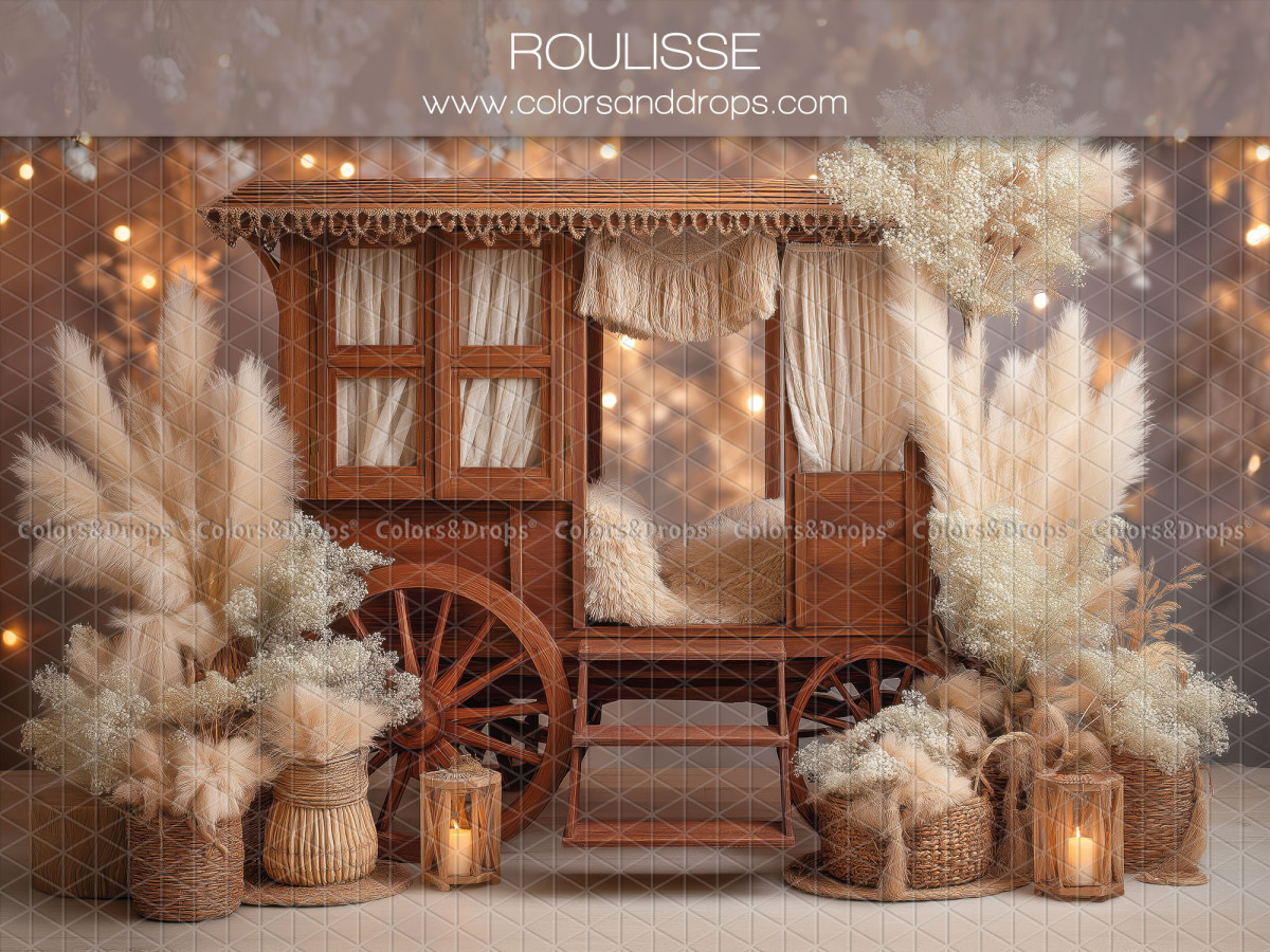 Fondo fotográfico boho Roulisse – caravana de madera con pampa y faroles | Colors&Drops