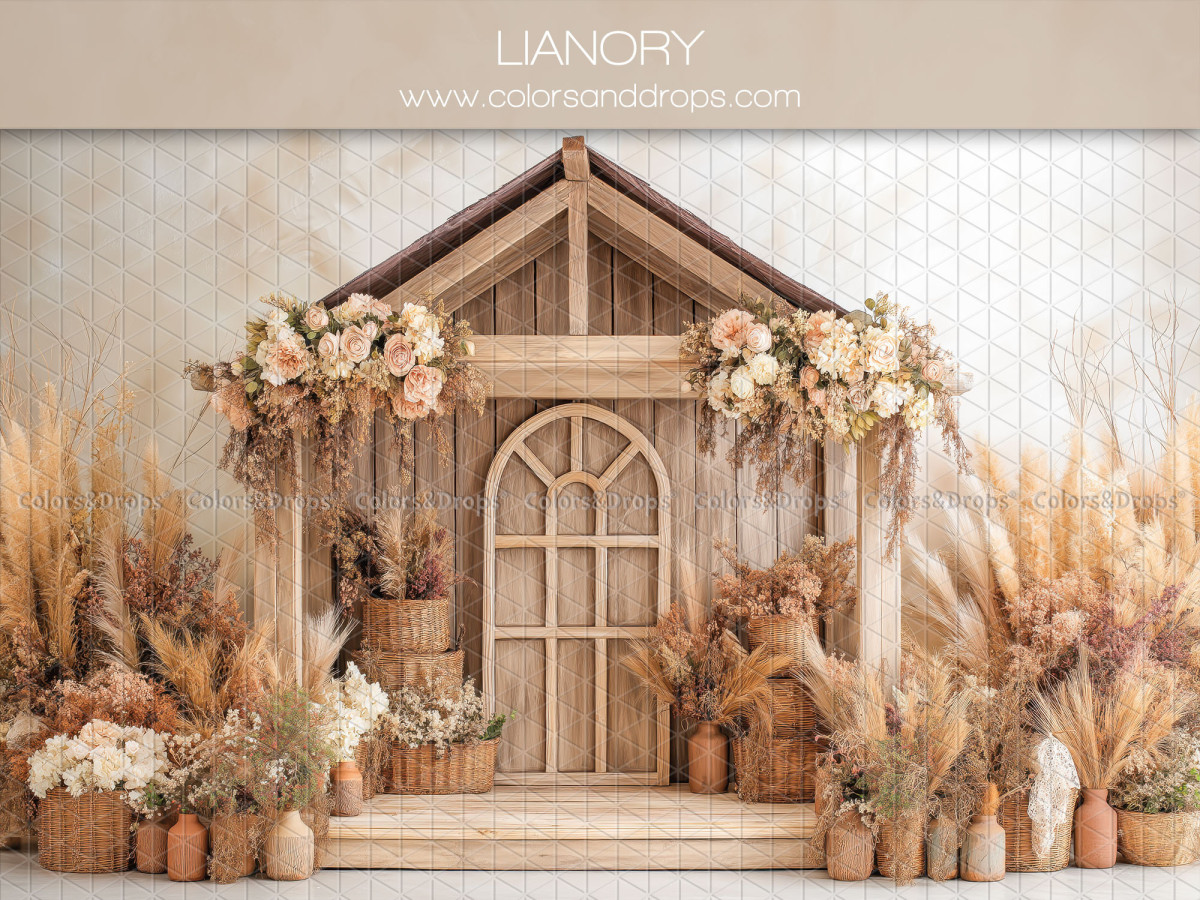 Fondo fotográfico boho Lianory – casita de madera con flores secas y pampa | Colors&Drops