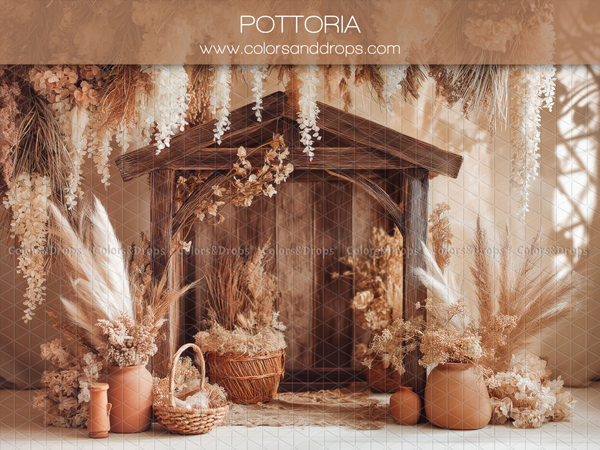 Fondo fotográfico boho Pottoria – cabaña de madera con pampa y macetas de barro | Colors&Drops