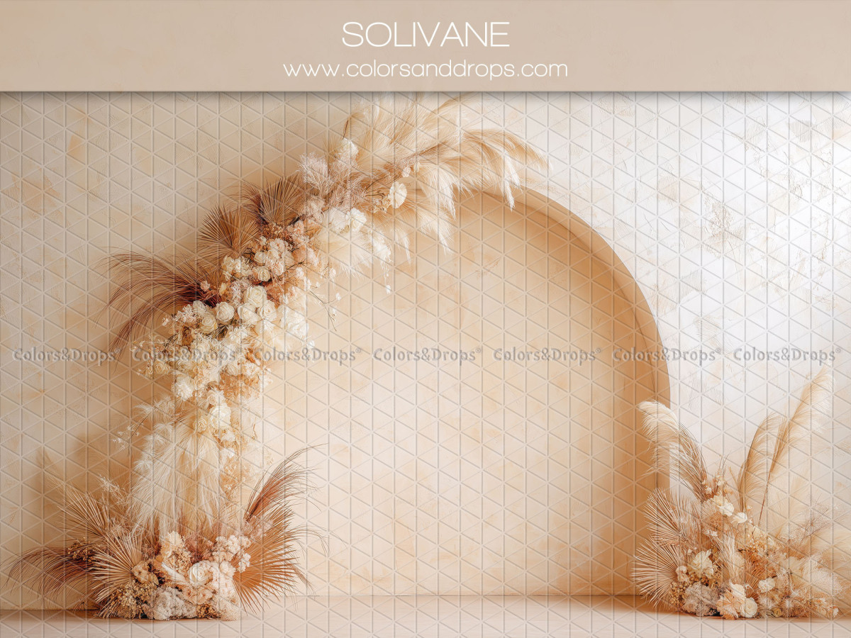 Fondo fotográfico boho Solivane – hornacina abovedada con guirnalda de pampa y flores | Colors&Drops