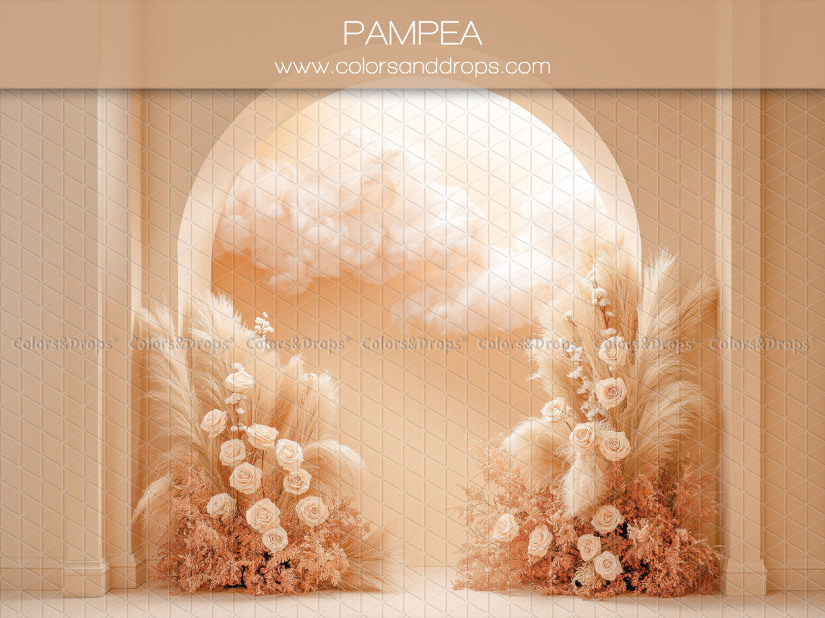 Boho photo backdrop Pampea – cream arch with cloud and flower bouquets | Colors&Drops