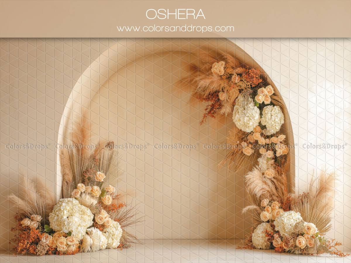 Fondo fotográfico boho Oshera – hornacina abovedada con hortensias y pampa | Colors&Drops