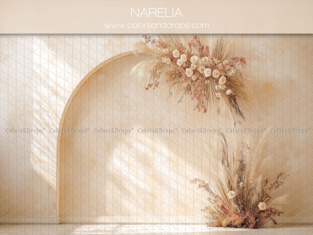 Fond photo bohème Narelia – niche voûtée lumineuse avec fleurs séchées | Colors&Drops