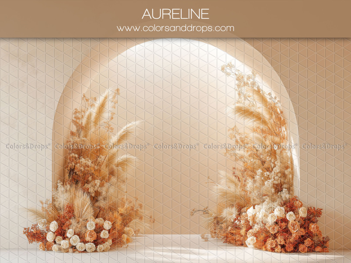 Boho photo backdrop Aureline – arched alcove with pampas grass and orange roses | Colors&Drops