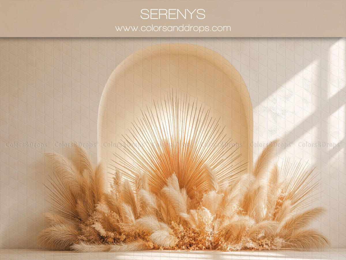 Fond photo bohème Serenys – niche voûtée avec éventail de pampa doré | Colors&Drops