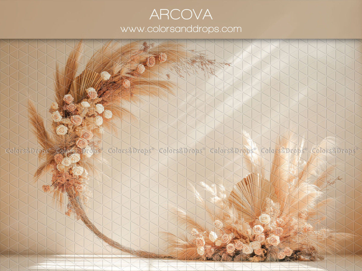 Fondo fotográfico boho Arcova – medio arco redondo de pampa y flores rosas | Colors&Drops