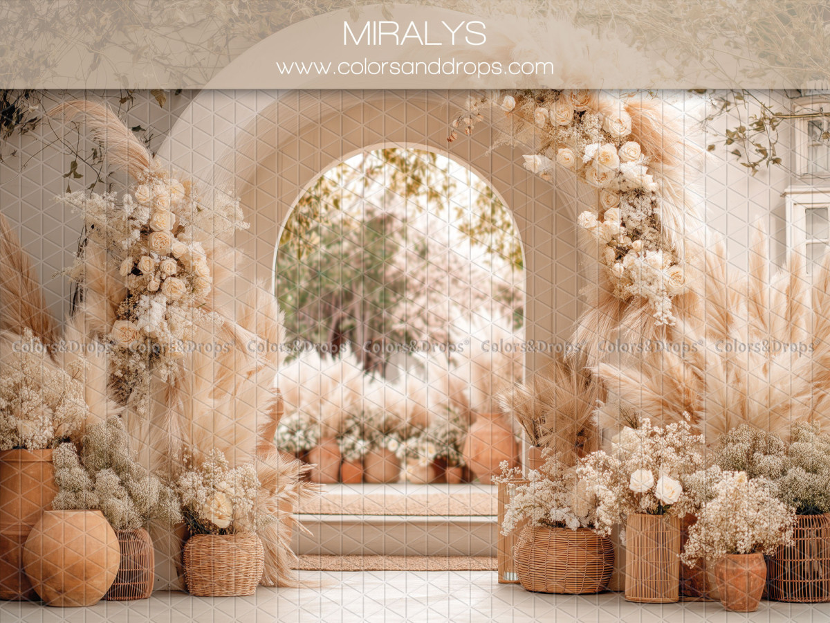 Fond photo bohème Miralys – arche ouverte sur jardin avec pampa et vases | Colors&Drops