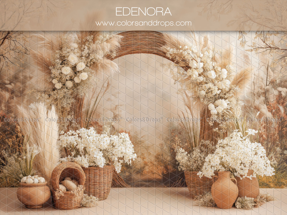 Boho photo backdrop Edenora – flowered arch with pampas grass, baskets and vases | Colors&Drops