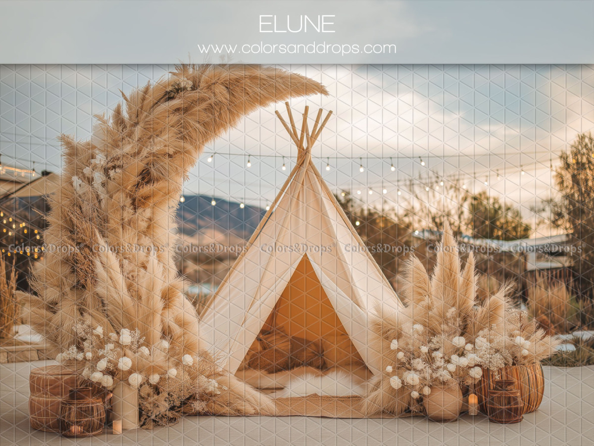 Boho photo backdrop Elune – white teepee outdoors with pampas crescent | Colors&Drops