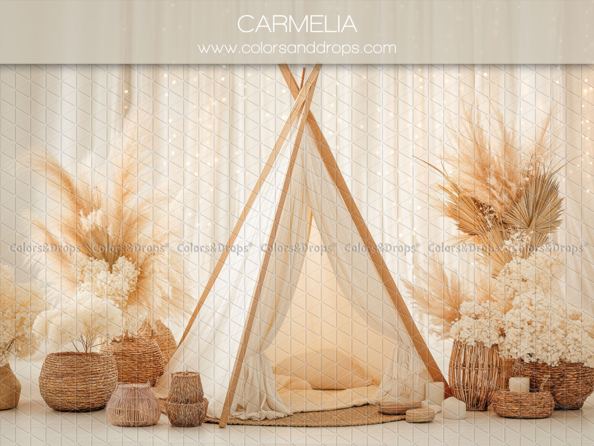 Boho photo backdrop Carmelia – white teepee in front of curtains with pampas grass and baskets | Colors&Drops